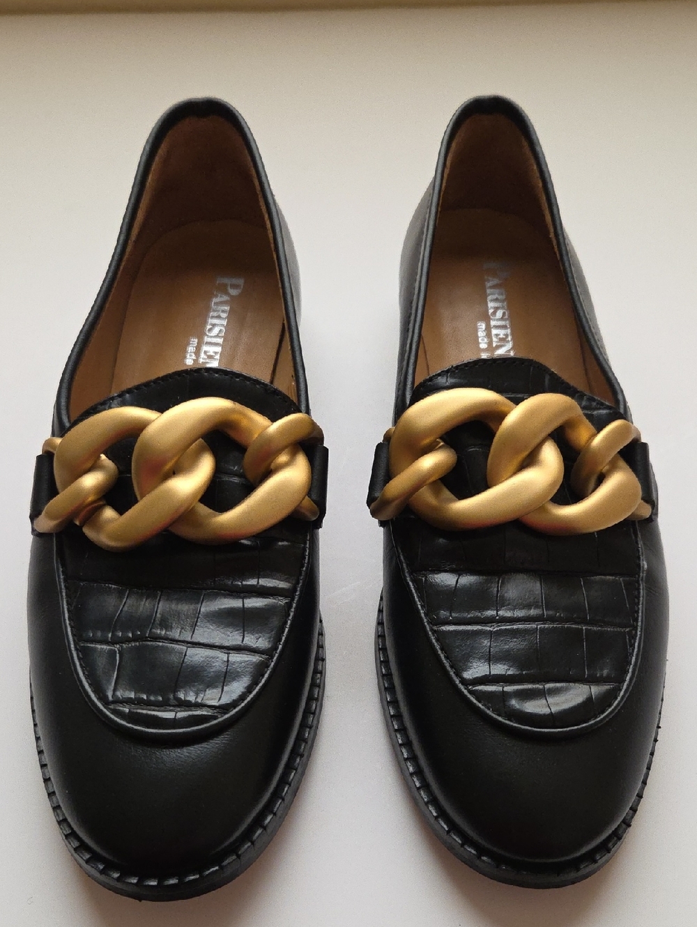 Parisienne Black Leather Loafers With Matte Gold Tone Chain Buckle, Size 7